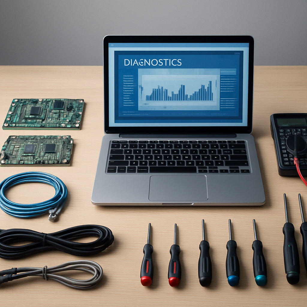 IT repair tools and laptop on a technician desk